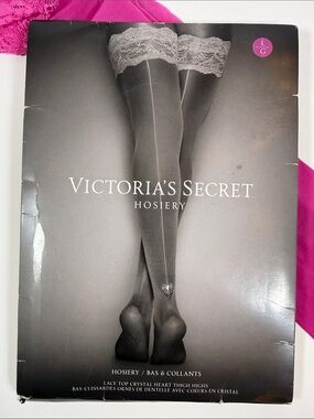 Victoria's Secret Hot Pink Lace Top Crystal Heart Thigh Highs